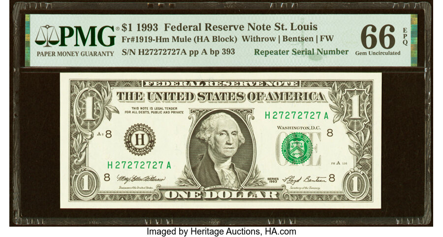 image for: Super Repeater Serial Number 27272727 Fr. 1919-H $1 1993 Mule Federal Reserve Note. PMG Gem Uncirculated 66 EPQ....