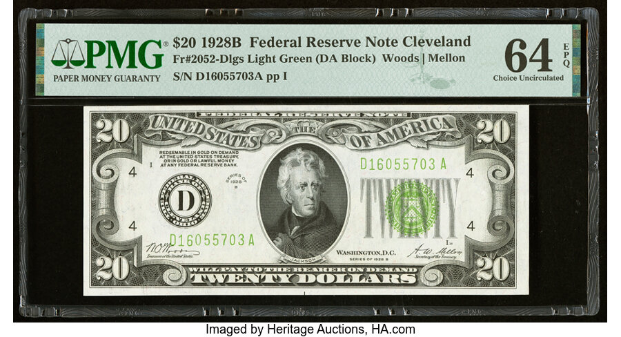 image for: Fr. 2052-D $20 1928B Light Green Seal Federal Reserve Note. PMG Choice Uncirculated 64 EPQ....