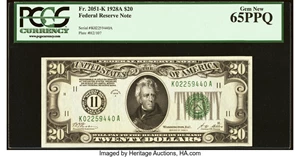image for: Fr. 2051-K $20 1928A Federal Reserve Note. PCGS Gem New 65PPQ....