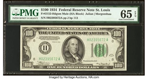 image for: Fr. 2152-H $100 1934 Mule Federal Reserve Note. PMG Gem Uncirculated 65 EPQ....
