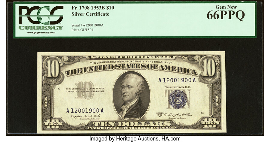 image for: Fr. 1708 $10 1953B Silver Certificate. PCGS Gem New 66PPQ....