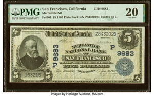 image for: San Francisco, CA - $5 1902 Plain Back Fr. 601 Mercantile National Bank Ch. # (P)9683 PMG Very Fine 20....