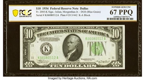 image for: Fr. 2005-K $10 1934 Federal Reserve Note. PCGS Banknote Superb Gem Unc 67 PPQ....