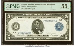 image for: Fr. 863a $5 1914 Federal Reserve Note PMG About Uncirculated 55....