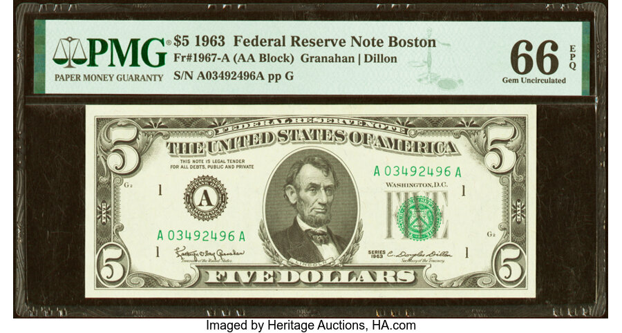 image for: Fr. 1967-A $5 1963 Federal Reserve Note. PMG Gem Uncirculated 66 EPQ....