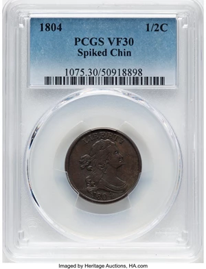 image for: 1804 1/2 C Spiked Chin, C-5, B-4, R.4, VF30 PCGS. Manley Die State 5.0. PCGS Population: (76/449)....