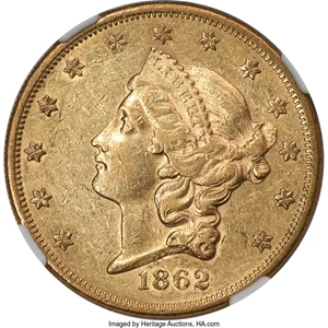 image for: 1862 $20 AU55 NGC....