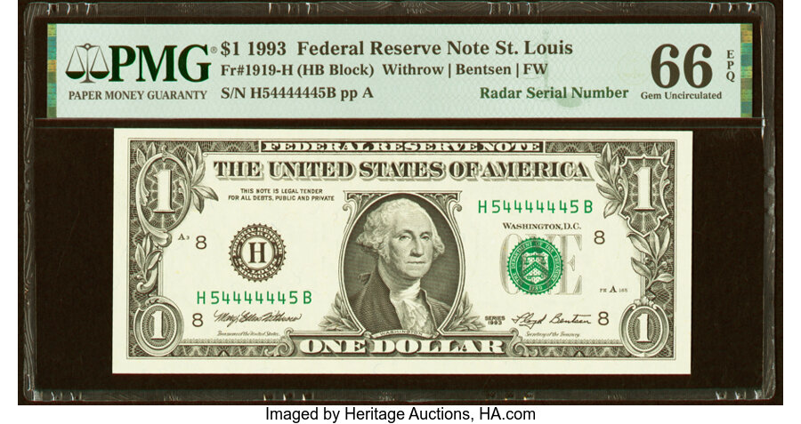 image for: Fancy Radar Serial Number 54444445 Fr. 1919-H $1 1993 Federal Reserve Note. PMG Gem Uncirculated 66 EPQ....