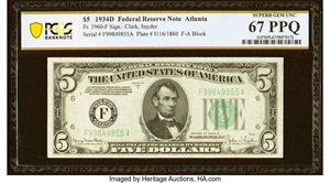 image for: Fr. 1960-F $5 1934D Federal Reserve Note. PCGS Banknote Superb Gem Unc 67 PPQ....