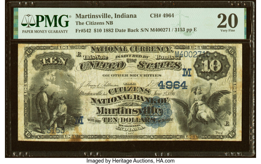 image for: Martinsville, IN - $10 1882 Date Back Fr. 542 The Citizens National Bank Ch. # (M)4964 PMG Very Fine 20....