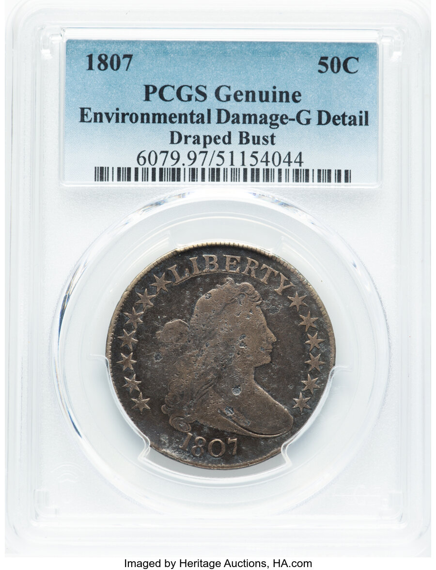 image for: 1807 50C Draped Bust, O-105, T-4, R.1 -- Environmental Damage -- PCGS. Good Details. PCGS Population: (49/2068). NGC Census...