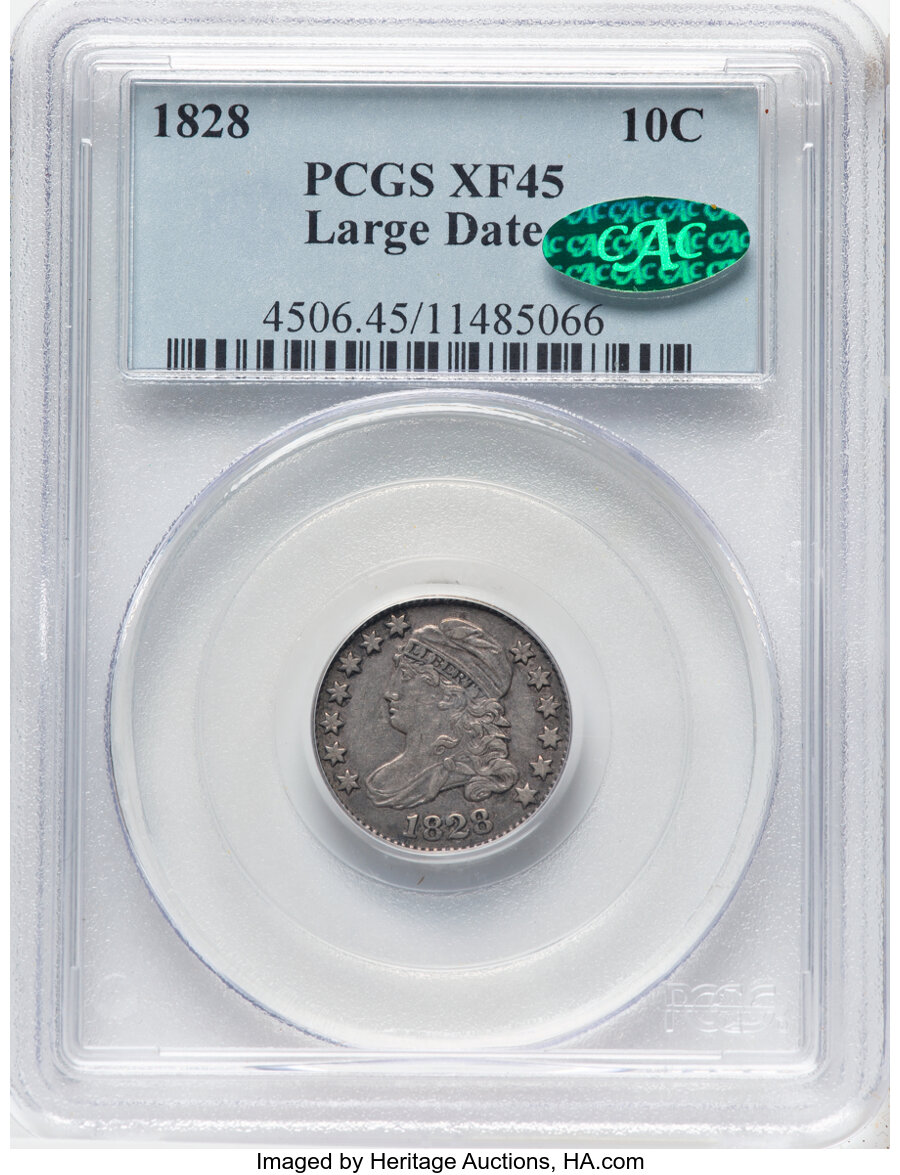 image for: 1828 10C Large Date, Curl Base 2, JR-2, R.3, XF45 PCGS. CAC. CAC Population: (2/7). Mintage 125,000....