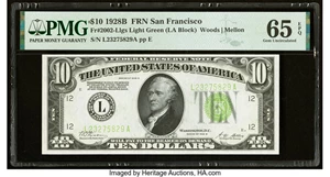 image for: Fr. 2002-L $10 1928B Light Green Seal Federal Reserve Note. PMG Gem Uncirculated 65 EPQ....