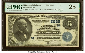 image for: El Reno, OK - $5 1882 Value Back Fr. 575 The Citizens National Bank Ch. # (W) 5985 PMG Very Fine 25....