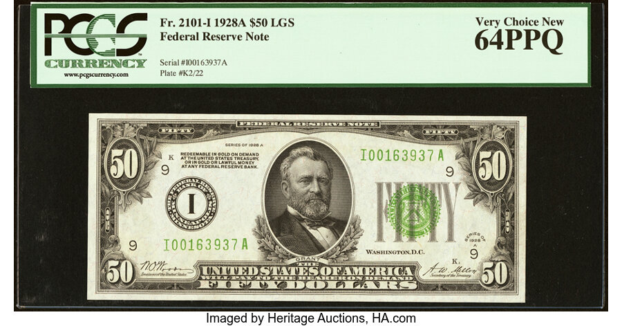 image for: Fr. 2101-I $50 1928A Light Green Seal Federal Reserve Note. PCGS Very Choice New 64PPQ....