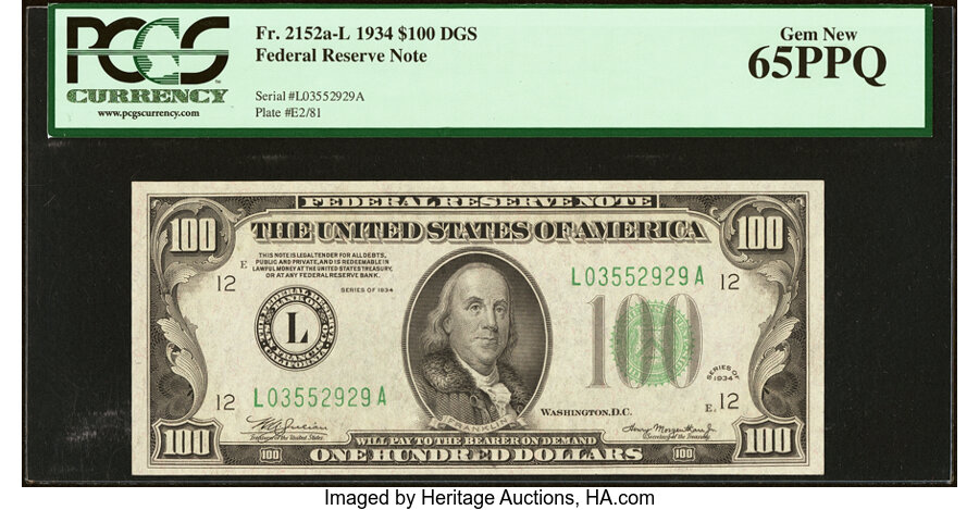 image for: Fr. 2152-L $100 1934 Federal Reserve Note. PCGS Gem New 65PPQ....