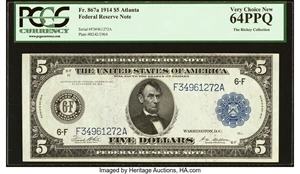 image for: Fr. 867a $5 1914 Federal Reserve Note PCGS Very Choice New 64PPQ....