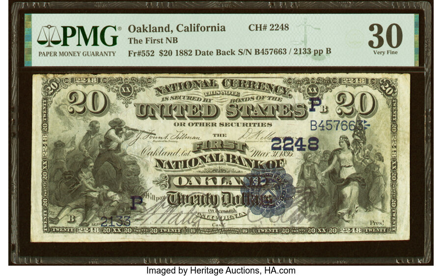 image for: Oakland, CA - $20 1882 Date Back Fr. 552 The First National Bank Ch. # (P)2248 PMG Very Fine 30....