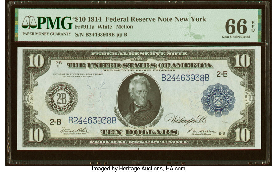image for: Fr. 911a $10 1914 Federal Reserve Note PMG Gem Uncirculated 66 EPQ....