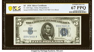 image for: Fr. 1650 $5 1934 Silver Certificate. PCGS Banknote Superb Gem Unc 67 PPQ....