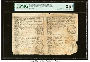 image for: South Carolina April 10, 1778 2s 6d-3s 9d-5s-10s Partial Uncut Sheet of Four PMG Choice Very Fine 35 Net....