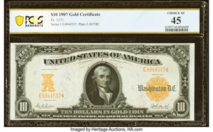 image for: Fr. 1171 $10 1907 Gold Certificate PCGS Banknote Choice XF 45....