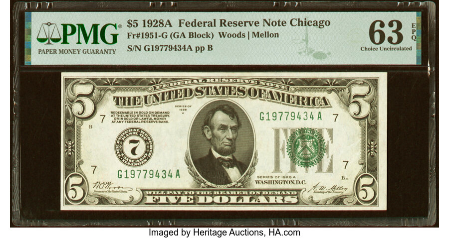 image for: Fr. 1951-G $5 1928A Federal Reserve Note. PMG Choice Uncirculated 63 EPQ....