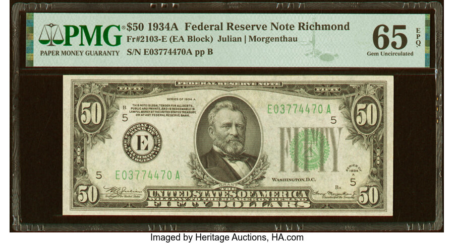 image for: Fr. 2103-E $50 1934A Federal Reserve Note. PMG Gem Uncirculated 65 EPQ....