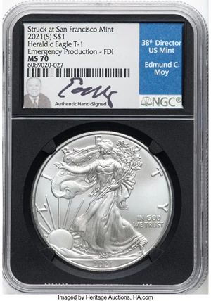image for: 2021-(S) $1 Silver Eagle, Type One Heraldic Eagle, Emergency Issue - First Day of Issue, Struck at San Francisco Mint, MS70 N...