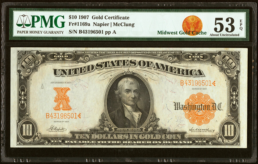 image for: Fr. 1169a $10 1907 Gold Certificate PMG About Uncirculated 53 EPQ....