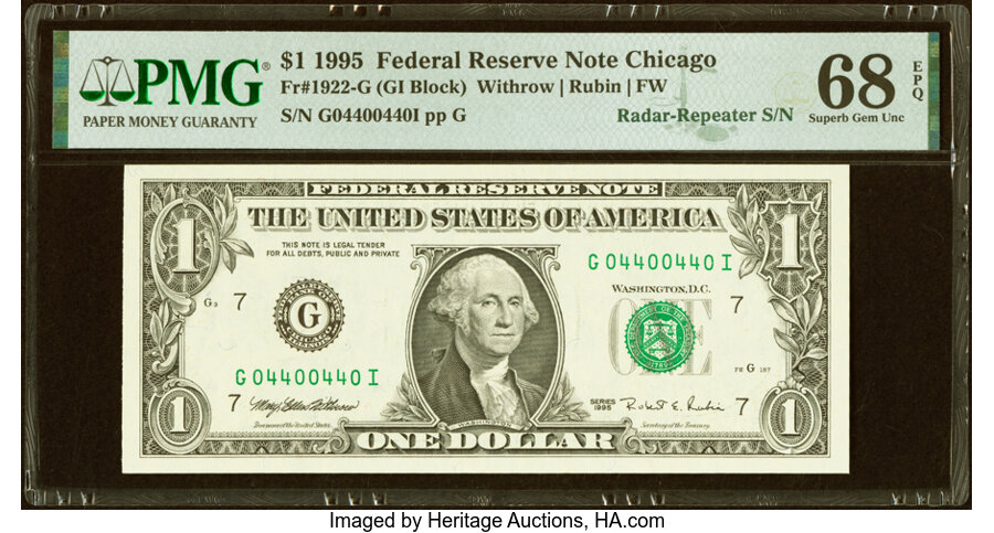 image for: Radar-Repeater Serial Number 04400440 Fr. 1922-G $1 1995 Federal Reserve Note. PMG Superb Gem Unc 68 EPQ....