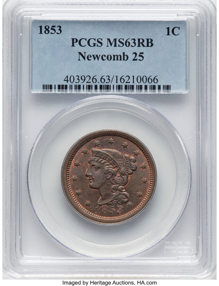 image for: 1853 1C N-25, R.1, MS63 Red and Brown PCGS. PCGS Population: (2/10).  Mintage 6,641,131....