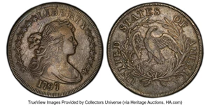 image for: 1797 $1 9x7 Stars, Large Letters, B-1, BB-73, R.3, VF30 PCGS. Bowers Die State II. Richly toned lilac-gray surfaces are eve...