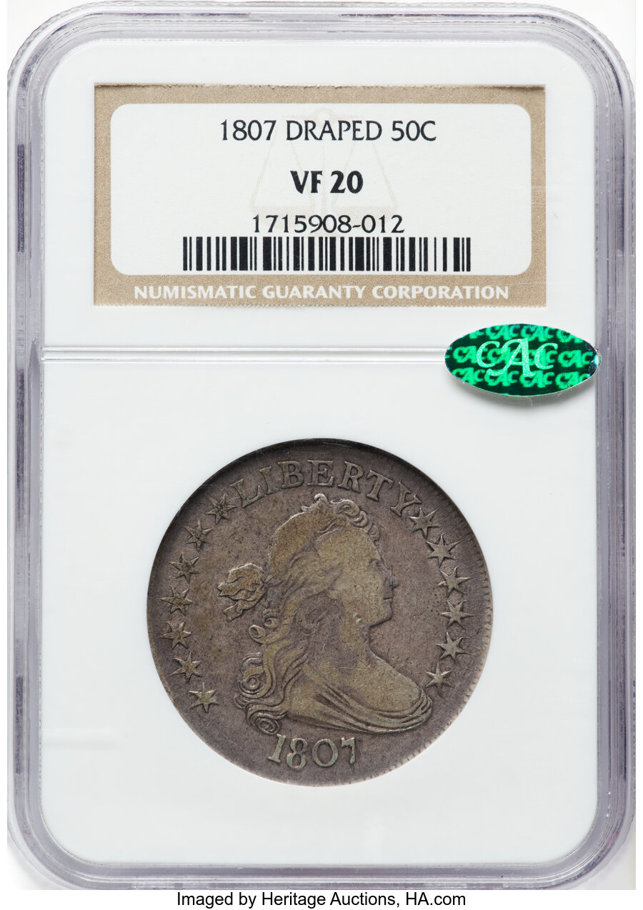 image for: 1807 50C Draped Bust, O-103a, T-11, R.3, VF20 NGC. CAC. Tompkins Die State 2/3. CAC Population: (25/201). Mintage 301,076....