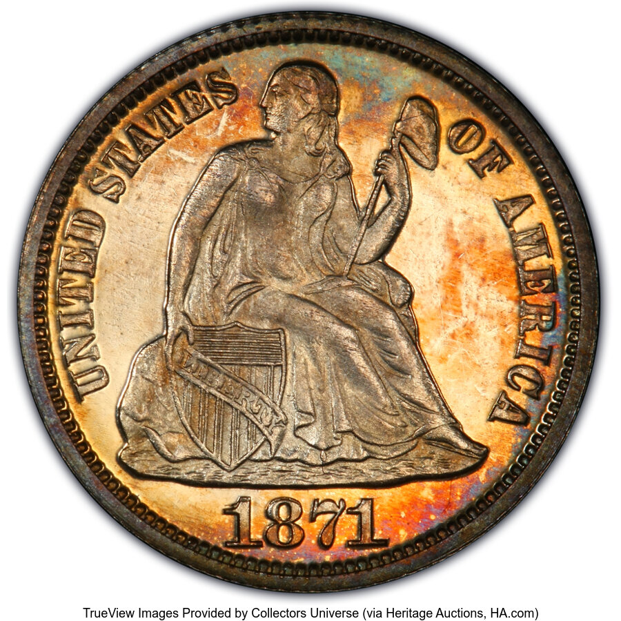 image for: 1871 10C PR64 Cameo PCGS. CAC. CAC Population: (4/8). Mintage 960. ...