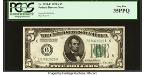 image for: Fr. 1951-F $5 1928A Federal Reserve Note. PCGS Very Fine 35PPQ....