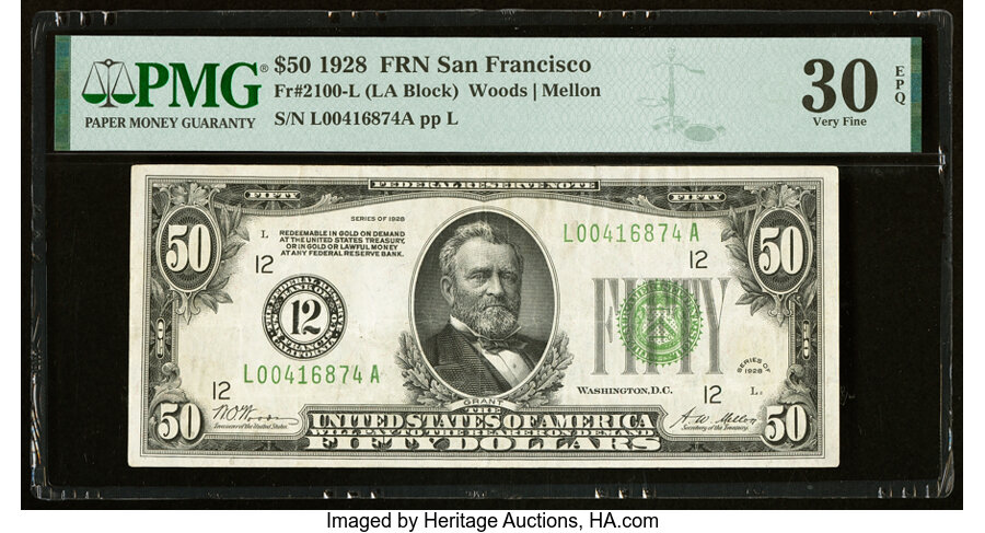 image for: Fr. 2100-L $50 1928 Federal Reserve Note. PMG Very Fine 30 EPQ....