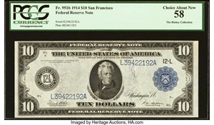 image for: Fr. 951b $10 1914 Federal Reserve Note PCGS Choice About New 58....