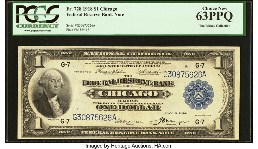 image for: Fr. 728 $1 1918 Federal Reserve Bank Note PCGS Choice New 63PPQ....