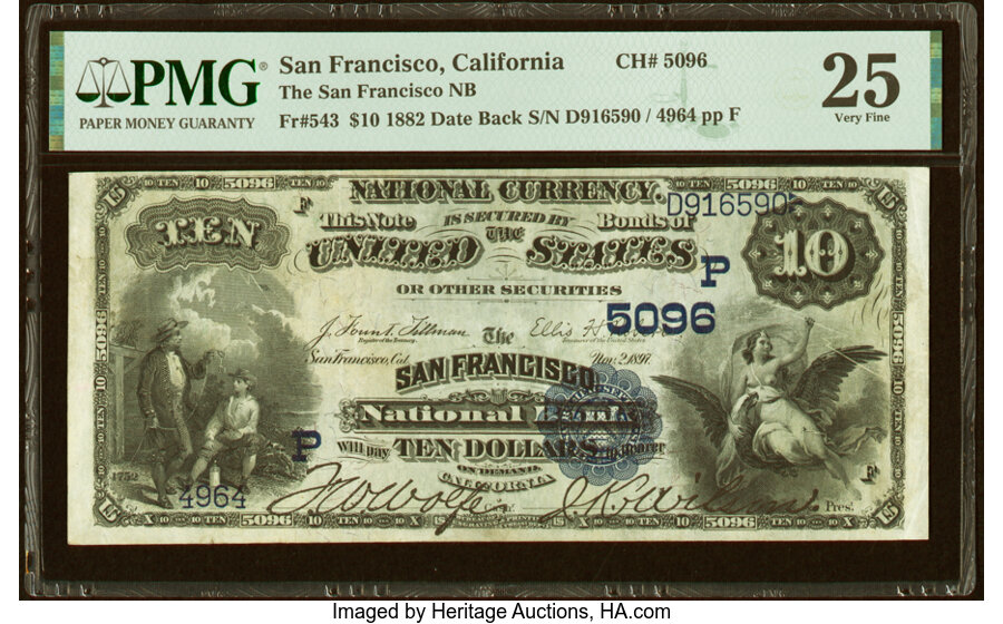 image for: San Francisco, CA - $10 1882 Date Back Fr. 543 The San Francisco National Bank Ch. # (P)5096 PMG Very Fine 25....