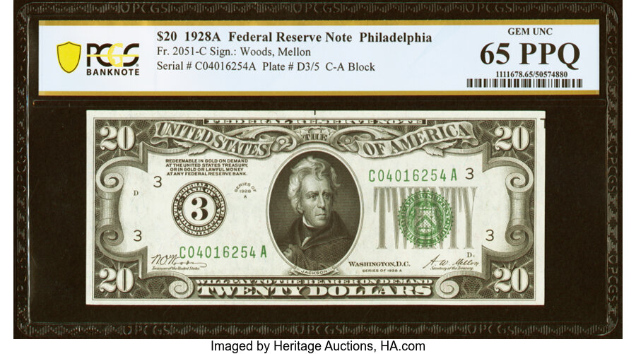 image for: Fr. 2051-C $20 1928A Federal Reserve Note. PCGS Banknote Gem Unc 65 PPQ....