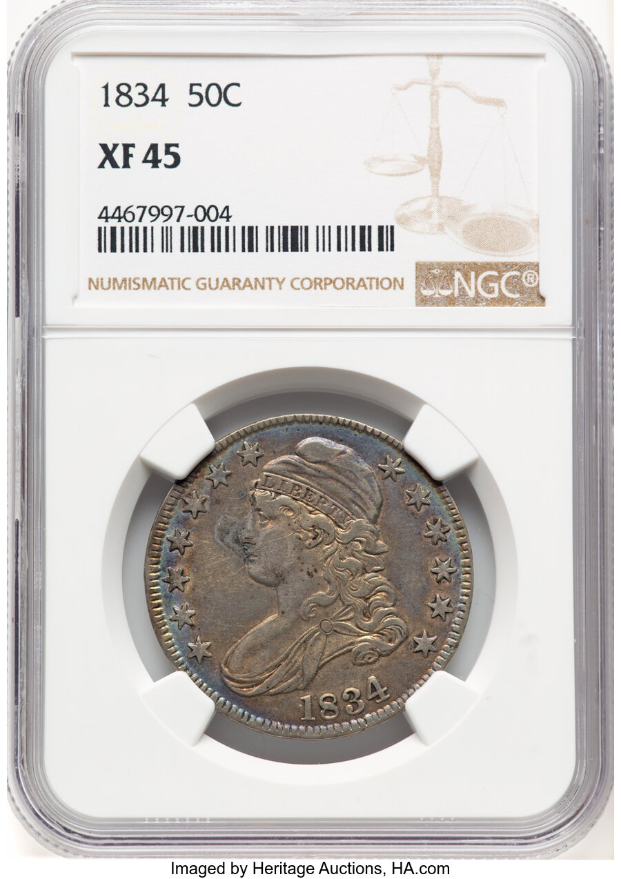image for: 1834 50C Large Date, Small Letters, O-107, R.1, XF45 NGC.  Mintage 6,412,004....
