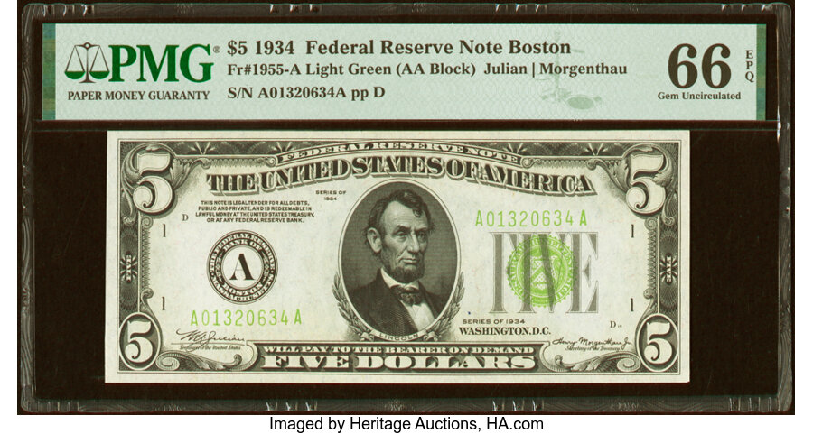 image for: Fr. 1955-A $5 1934 Light Green Seal Federal Reserve Note. PMG Gem Uncirculated 66 EPQ....