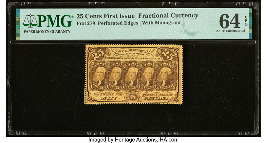 image for: Fr. 1279 25¢ First Issue PMG Choice Uncirculated 64 EPQ....
