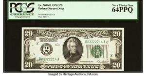image for: Fr. 2050-B $20 1928 Federal Reserve Note. PCGS Very Choice New 64PPQ....