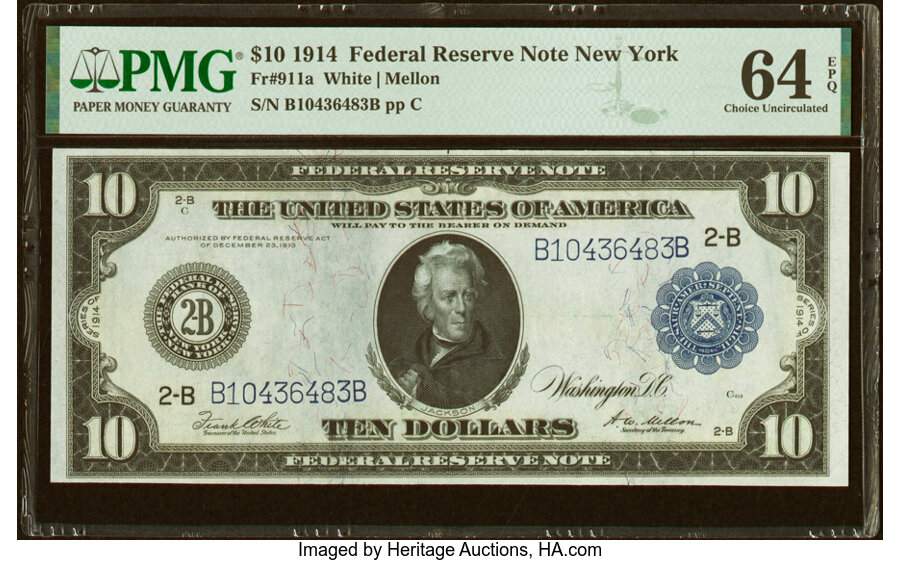 image for: Fr. 911a $10 1914 Federal Reserve Note PMG Choice Uncirculated 64 EPQ....