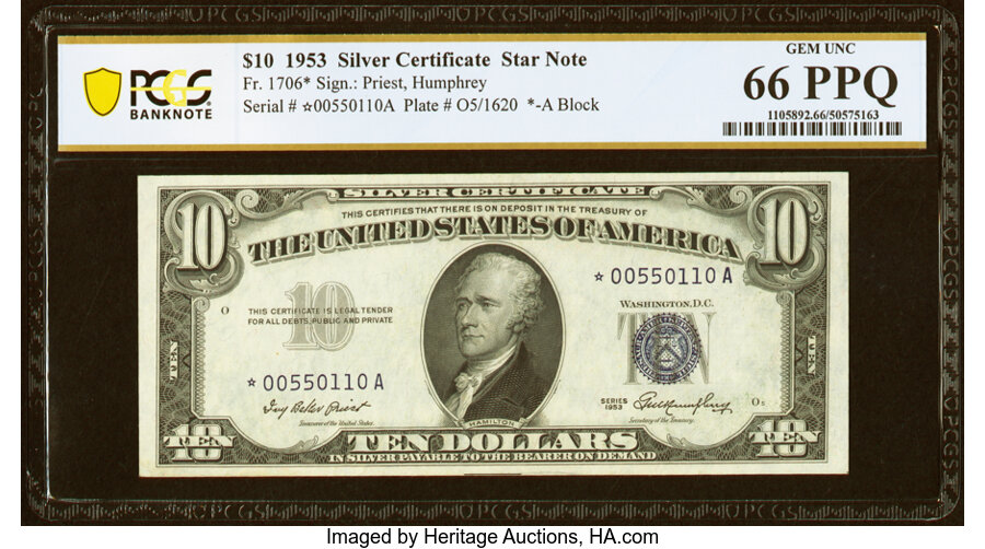 image for: Fr. 1706* $10 1953 Silver Certificate Star. PCGS Banknote Gem Unc 66 PPQ....