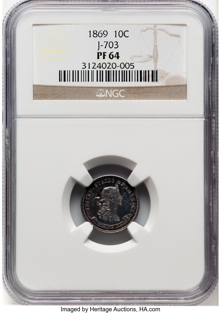 image for: 1869 10C Standard Silver Ten Cents, Judd-703, Pollock-782, High R.6, PR64 NGC. NGC Census: (4/3).  ...