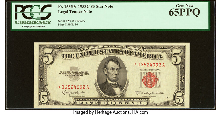 image for: Fr. 1535* $5 1953C Legal Tender Star Note. PCGS Gem New 65PPQ....