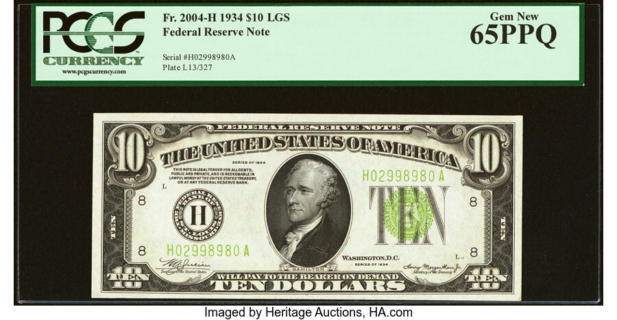 image for: Fr. 2004-H $10 1934 Light Green Seal Federal Reserve Note. PCGS Gem New 65PPQ....
